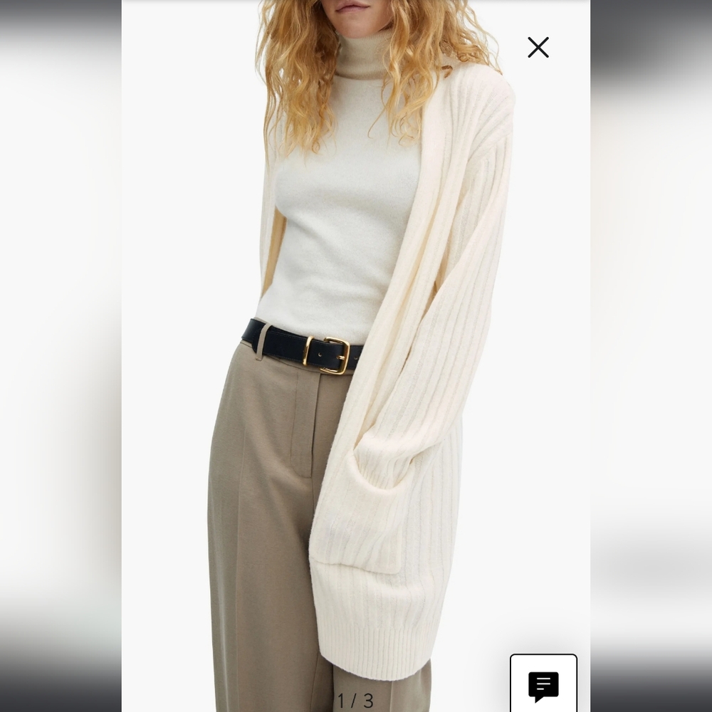 MANGO Women's Oversized Chunky Ribbed Long Cardigan Sweater Size 1X Cream